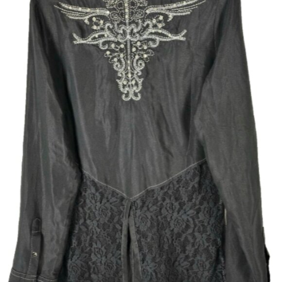 NEW Women's Buckle Black Long Sleeve Blouse Y2K Gem Stone Snaps Crystals Western - Picture 1 of 13